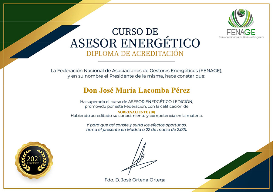 Diploma de acreditación de asesor energético por Fenage
