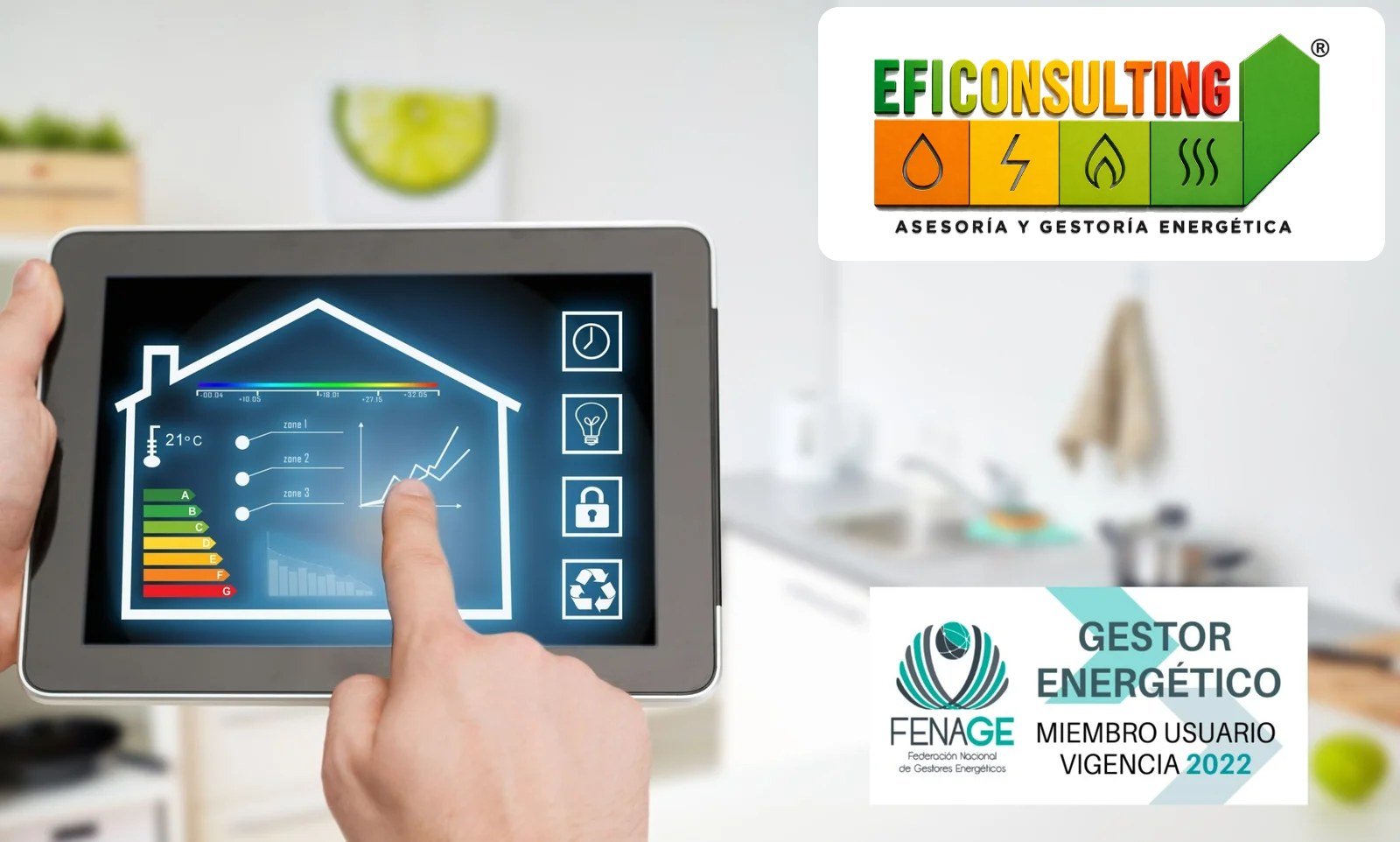 Una tablet con la imagen alegórica de una casa y la energía consumida en ella con varios vectores de colores y el logotipo de Eficonsulting